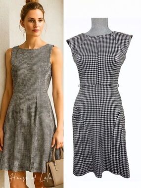 Houndstooth tailored Dress. Old Money Classic Fit & Flare Dress. Black and White